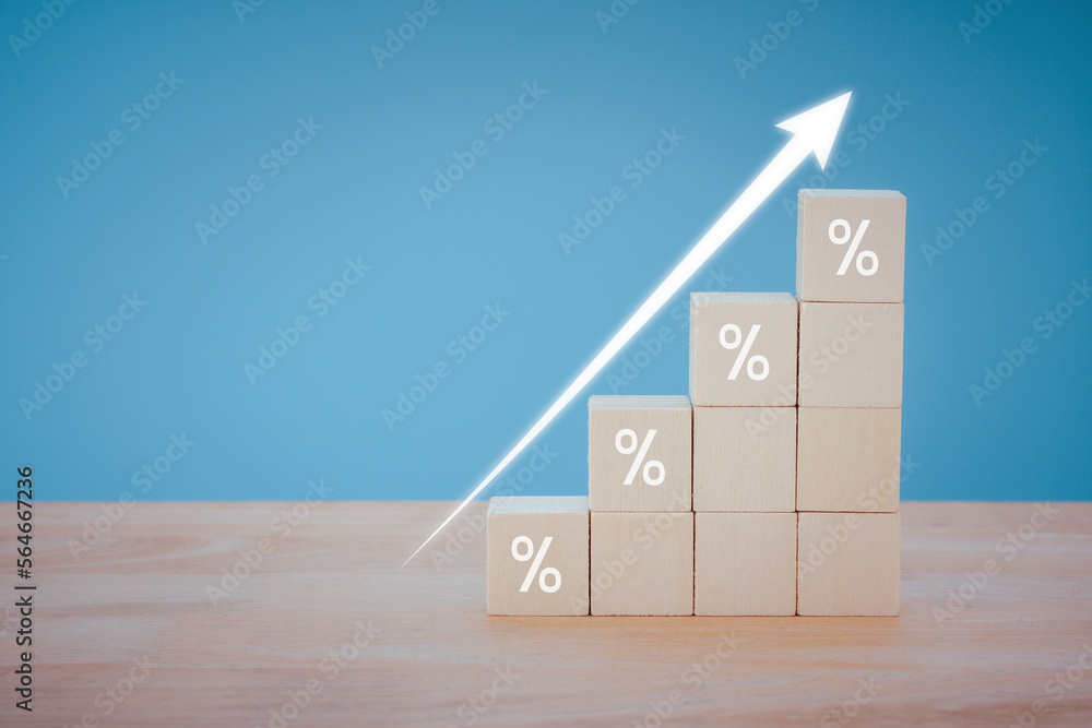 Poster wooden blocks with icon percentage symbol and arrow pointing up on blue background with concept for 