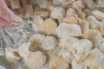 Process of making homemade raw pastry dumplings. Pelmeni. A traditional dish of Russian cuisine