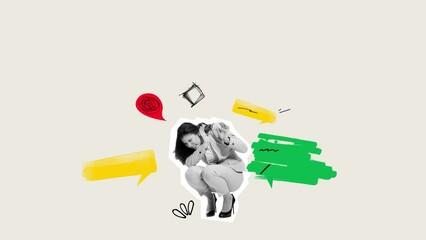 Stop motion, animation. Conceptual design with young woman trying to escape negative messages on Internet. Concept of social problem, psychology, bullying, cyberbullying, depression, abuse. Poster, ad