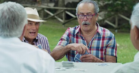 Portrait of a Group of Senior Male Friends Enjoying the Summer Weather Outdoors by Playing Cards Game Together in a Park. Old Player Getting Lucky with the Winning Card, Ending the Game with Victory  - Powered by Adobe