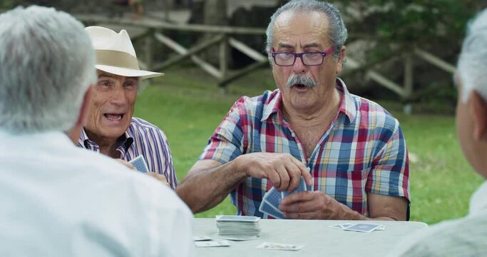 Portrait of a Group of Senior Male Friends Enjoying the Summer Weather Outdoors by Playing Cards Game Together in a Park. Old Player Getting Lucky with the Winning Card, Ending the Game with Victory 