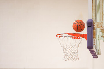 Basketball bouncing off rim and backboard of the hoop. 