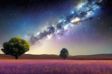 A dream-like landscape with trees and colorful stars (a.i. generated)