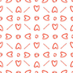 Romantic Tile with Hearts, Circles and Stripes in red color. Pattern on transparent background