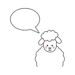 Cute cartoon sheep in line style isolated on white background. Animal character. Cartoon sheep vector illustration and bubble speech 