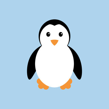 Penguin. Cute cartoon character baby 
penguin in flat style. Vector illustration isolated on blue background 