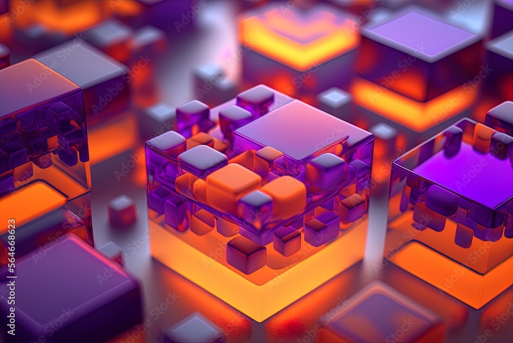 Poster cleanly assembled violet and orange translucent blocks provide a modern technological backdrop. gene