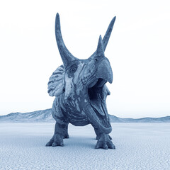 triceratops is angry in the desert on the afternoon