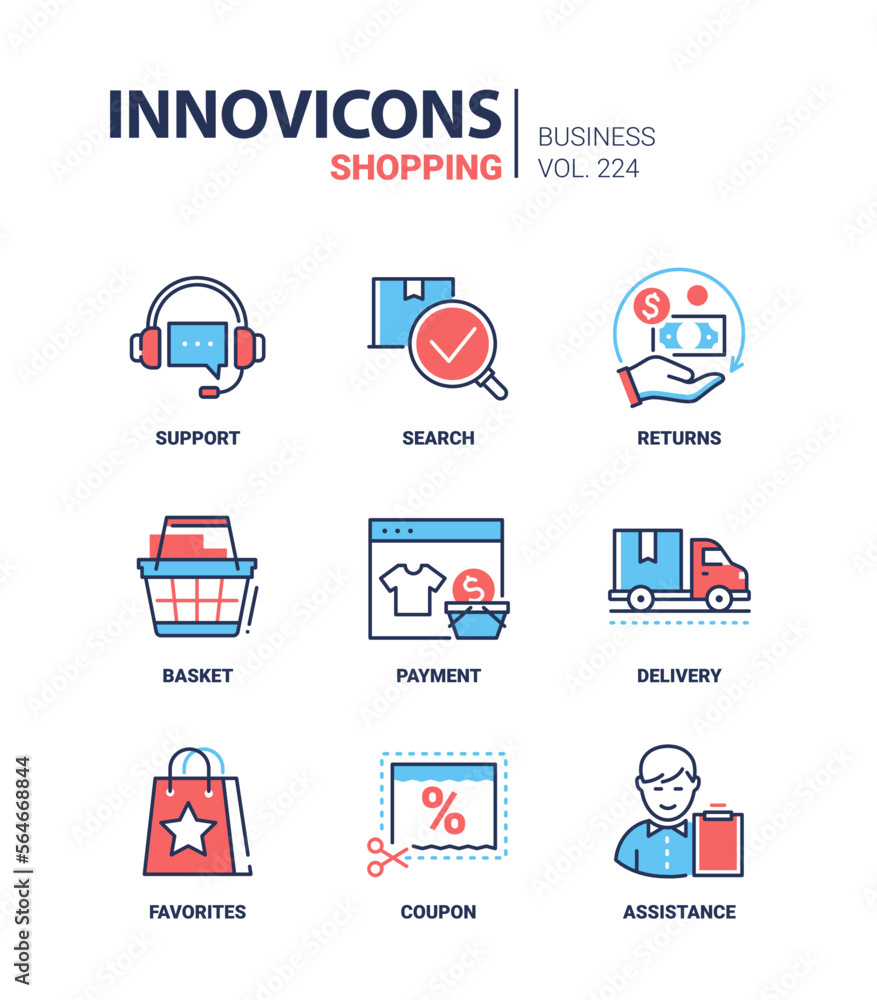 Poster shopping and customer service - line design style icons set