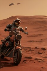 Fototapeta na wymiar astronaut riding a motorcycle on mars - generative ai