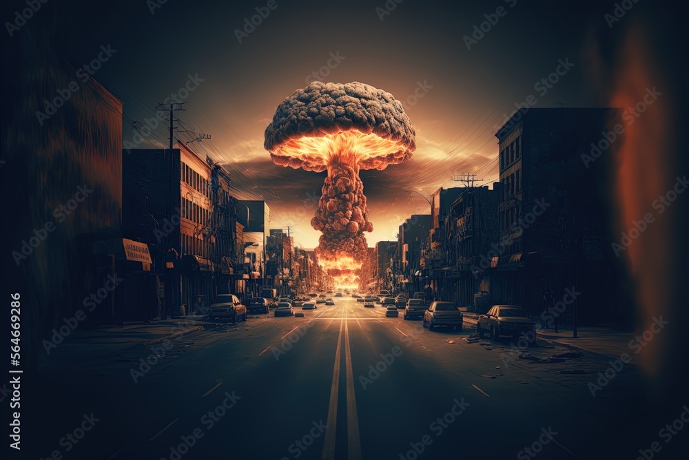 Poster a nuclear weapon detonating over a metropolis. massive devastation; the third global war. generative