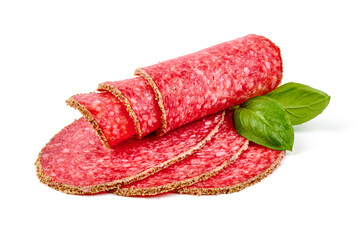 Sliced Salami with spices, isolated on white background.