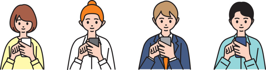 スマホをいじる男女4 人（Men and women playing with their phones）