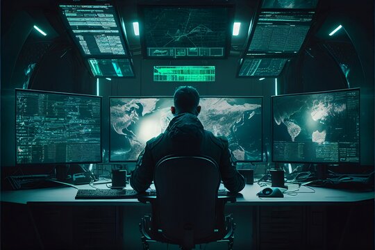 Hacker in front of big screens in a dark cinematic command center