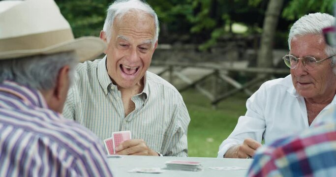 Portrait of a Group of Senior Male Friends Enjoying the Summer Weather Outdoors by Playing Cards Game Together in a Park. Old Player Getting Lucky with the Winning Card, Ending the Game with Victory 