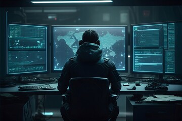 Hacker in front of big screens in a dark cinematic command center