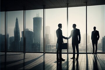 Fototapeta na wymiar Business man shaking hands in a boardroom with cityscape in the background