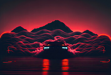 sunset over the mountains with car and smoke glowwave