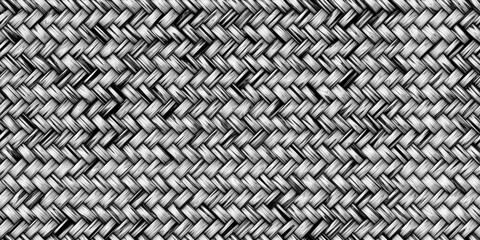 Seamless woven bamboo reeds basket weave background texture. Handmade braided rattan wickerwork with detailed wood grain transparent overlay pattern or displacement, bump or height map. 3D rendering.