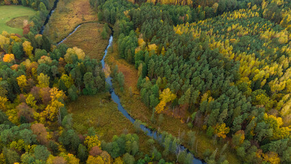 Jesienny mazurski las, widok z drona na jesienny las z zakolem rzeki, jesień na mazurach - obrazy, fototapety, plakaty