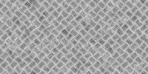 Seamless scratched and worn grungy metal floor plate with diamond embossed pattern. Metallic industrial steel transparent background texture overlay or displacement, bump or height map. 3D rendering.