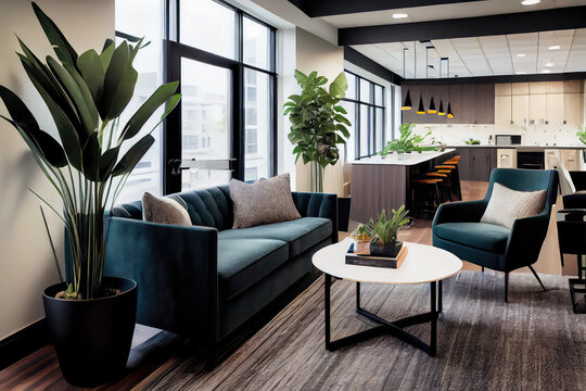 A modern, minimalist office with ergonomic furniture and a dynamic view. Open-plan layout promotes collaboration, boardroom and lounge equipped for productive meetings. Comfortable and customizable.