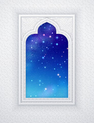 Islamic design window with starry sky with colorful stars