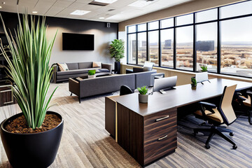 A modern, minimalist office with ergonomic furniture and a dynamic view. Open-plan layout promotes collaboration, boardroom and lounge equipped for productive meetings. Comfortable and customizable.