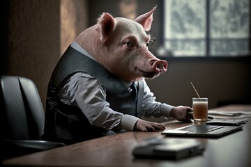 An Unprecedented Sight A Pig in a Business Suit Sitting at a Desk in an Office. Generative AI