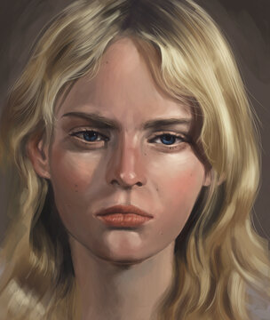 Blonde Hair digital painting. Digital painting of blonde woman. Blonde woman with blue eyes with and neutral background.