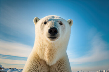 Obraz na płótnie Canvas Polar bear looking at camera against clear blue sky - AI Generated