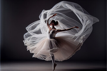 Fototapeta Graceful ballerina dancer wearing a gauzy dress jumping, generative AI obraz
