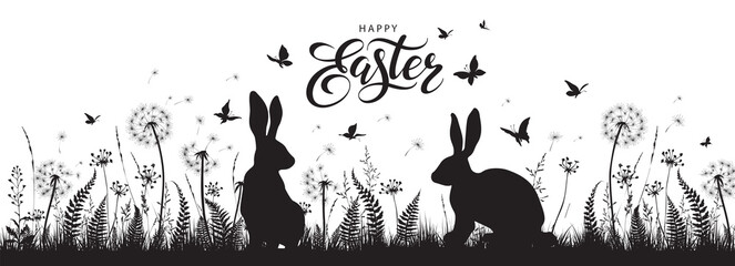 Easter background with silhouettes of rabbits, butterflies, fern and dandelions. Easter background.