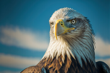 Eagle looking straight into camera, against clear blue sky - AI Generated