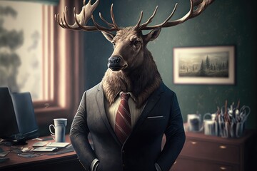 An Unusual Sight of an Elk in a Business Suit in a Professional Office Generative AI - obrazy, fototapety, plakaty