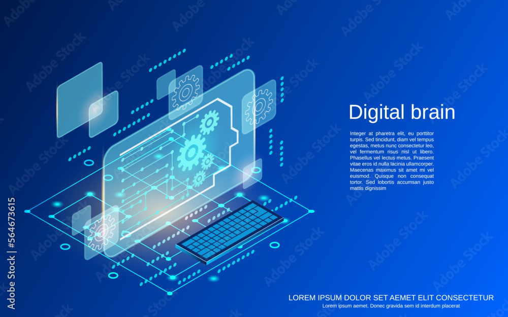 Poster digital brain, artificial intelligence, innovation technology flat 3d isometric vector concept illus