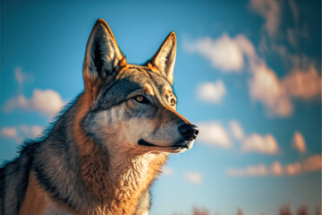 Wolf looking straight into camera, against clear blue sky - AI Generated