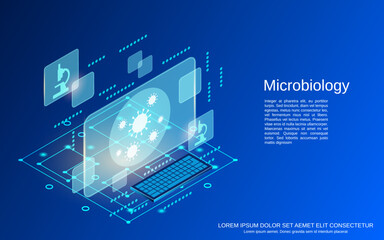 Microbiology, science research flat 3d isometric style vector concept illustration