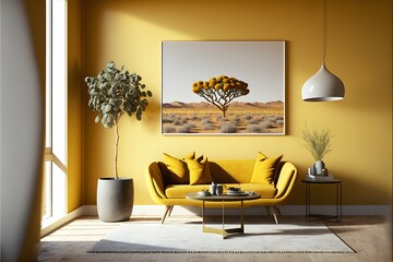 A chic and uncomplicated living space, Sundial in color, generative ai, and photorealistic in appearance to represent a painting hanging on the wall.