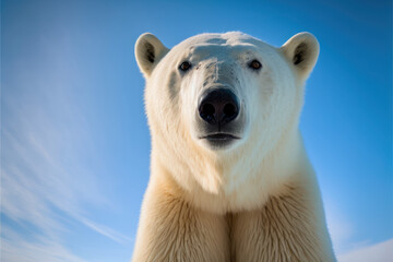 Obraz na płótnie Canvas Polar bear looking at camera against clear blue sky - AI Generated