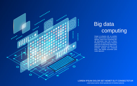 Big data computing, information analyzing flat 3d isometric vector concept illustration