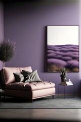 A chic and uncomplicated living space, Lavender color in color, generative ai, and photorealistic in appearance to represent a painting hanging on the wall.