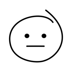 Black and white drawn emoticon without emotion with open eyes and a straight line of the mouth