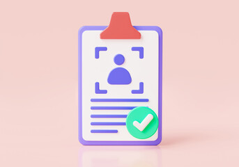 Resume profile for job interview. Human resources and resume concept. Job search, CV card, HR, Approved resume, recruitment agency, New Employee, verify identity. 3d icon rendering illustration