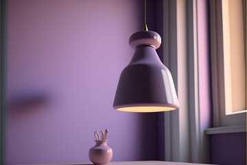 Obraz premium Pendant light hotel mockup, white glass wall, lamp, house interior design, and bathroom. generative ai.a simplistic and stylish loungeroom , warm Lavender purple color, photorealistic 