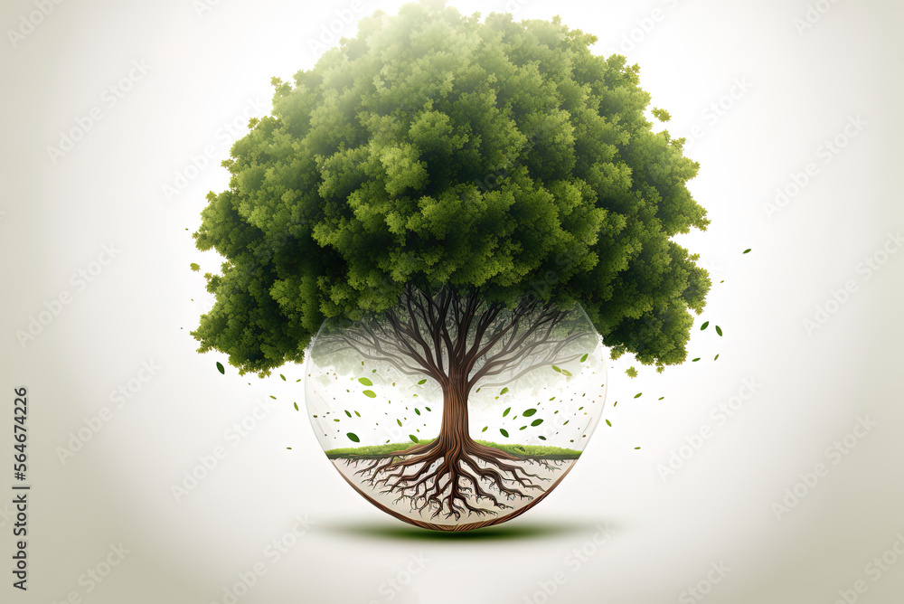 Poster drawing of a realistic tree with green leaves and text floating in front of translucent representati