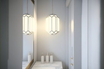  Pendant light hotel mockup, white glass wall, lamp, house interior design, and bathroom. generative ai.a simplistic and stylish loungeroom , warm white color, photorealistic 