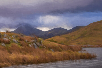 Digital painting of Moel Hebog Mountain. Snowdonia National Park in North Wales, UK from Llyn Dywarchen