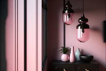 illustration of a black and pink color pendant lamp on ceiling wood wall, generative ai