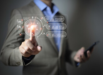 Businessman touching technology network connection for document and digital file storage.